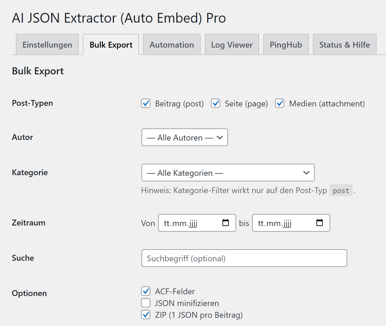 Bulk Export – Filter, ACF, ZIP, Logs
