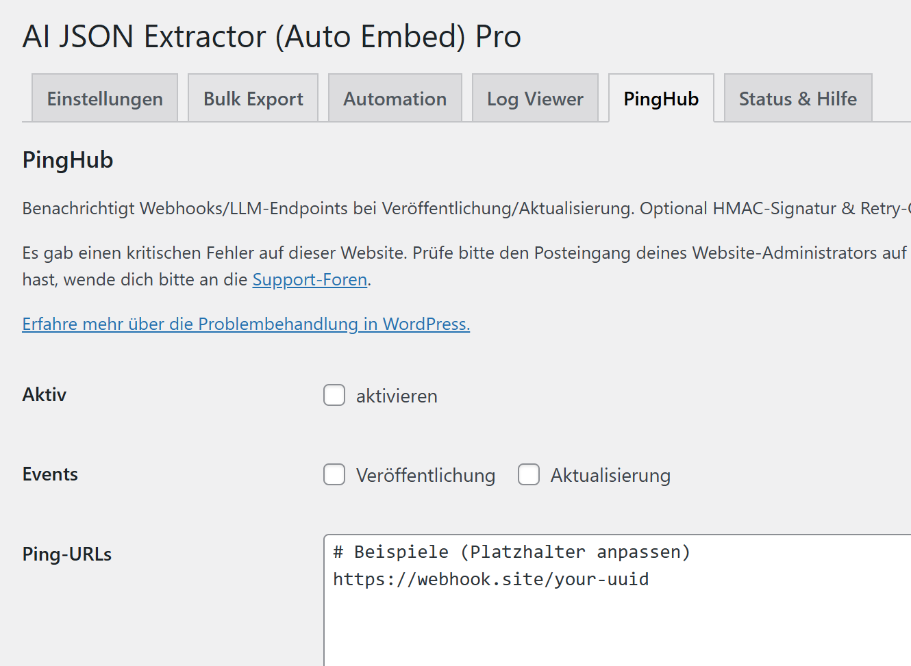 PingHub – Webhooks, Secret, Fehlerliste
